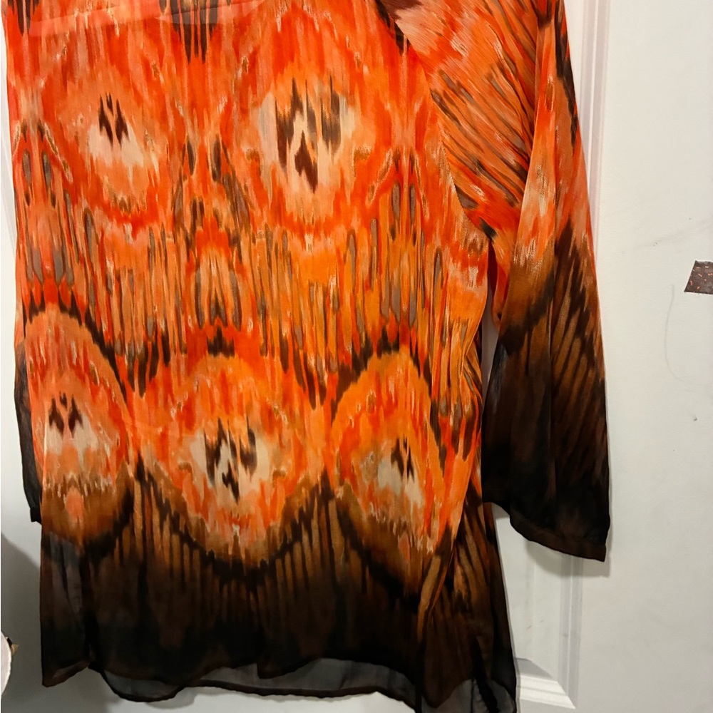 Chico's Orange, Brown & Cream Ikat Beaded-Neck Tunic - Picture 2 of 4